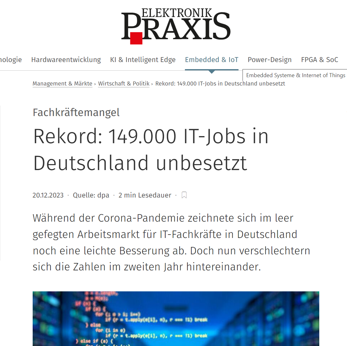 Elektronik Praxis: Rekord – 149.000 IT-Jobs in Deutschland unbesetzt