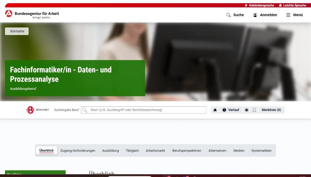 Berufsinformation der Bundesagentur für Arbeit: Fachinformatiker/in Daten- und Prozessanalyse